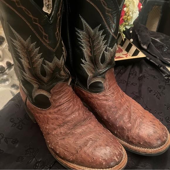 Larry Mahan Nocona 9.5 D Men's Brown‎ and Black Cowboy Boots Western Ostridge - Picture 1 of 10